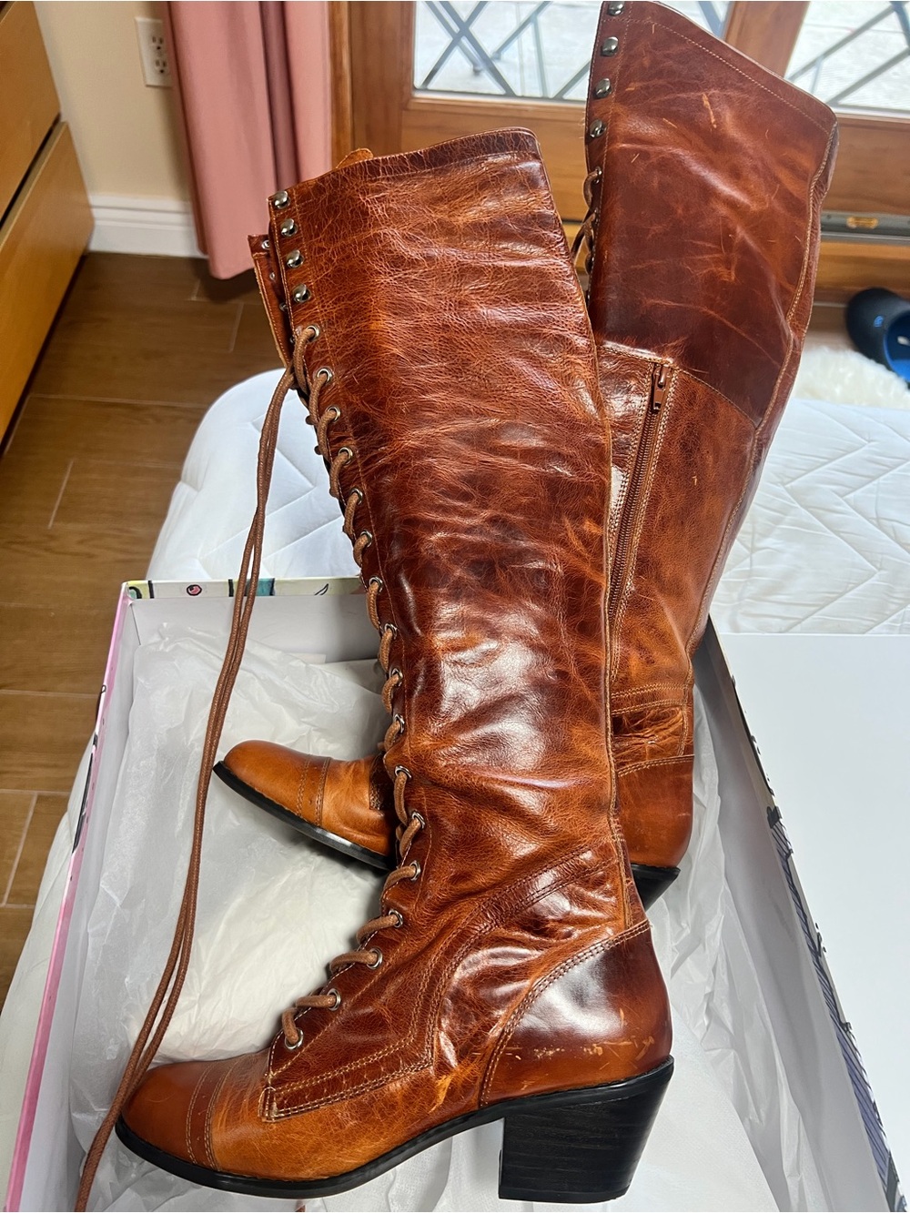 Rare Free People Jeffrey Campbell Joe Over the Knee Lace-up Brown Leather Boots - Picture 5 of 8